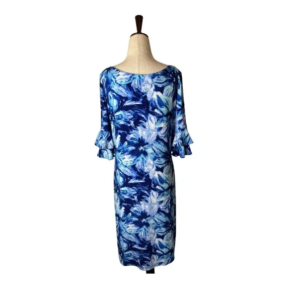 Pappagallo Dress Women Medium Blue Floral Bell Sleeve Mini Boho Flowy‎ Beach - Picture 2 of 11